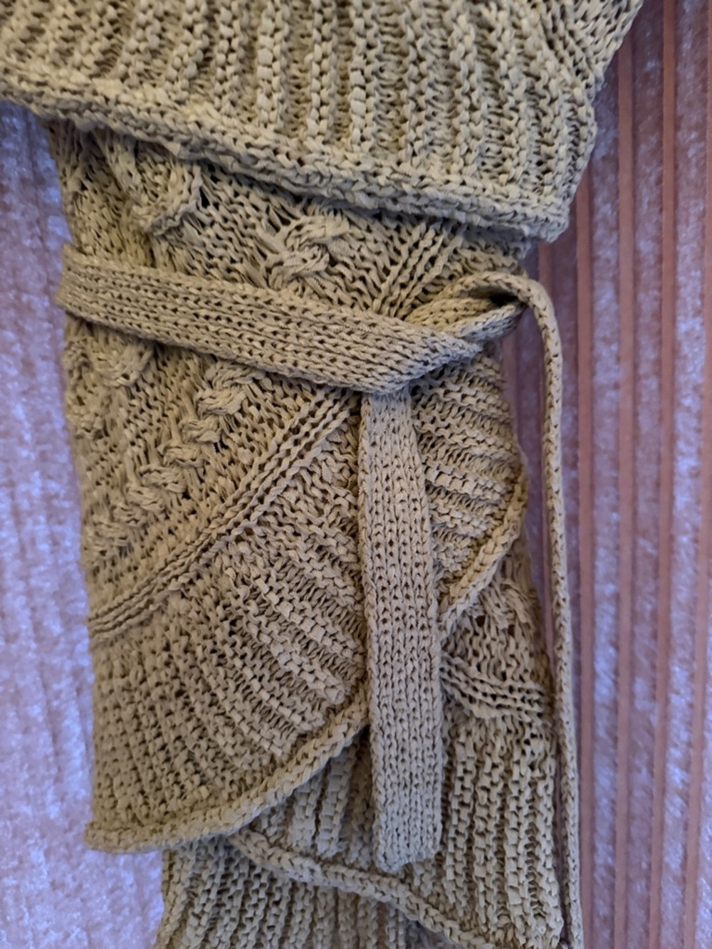 BCBG Maxazria Beige Knit Shawl Collar Belted Sweater - Picture 4 of 5